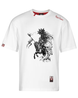 Koszulka patriotyczna, męska - husarz na koniu, rys. (biała)