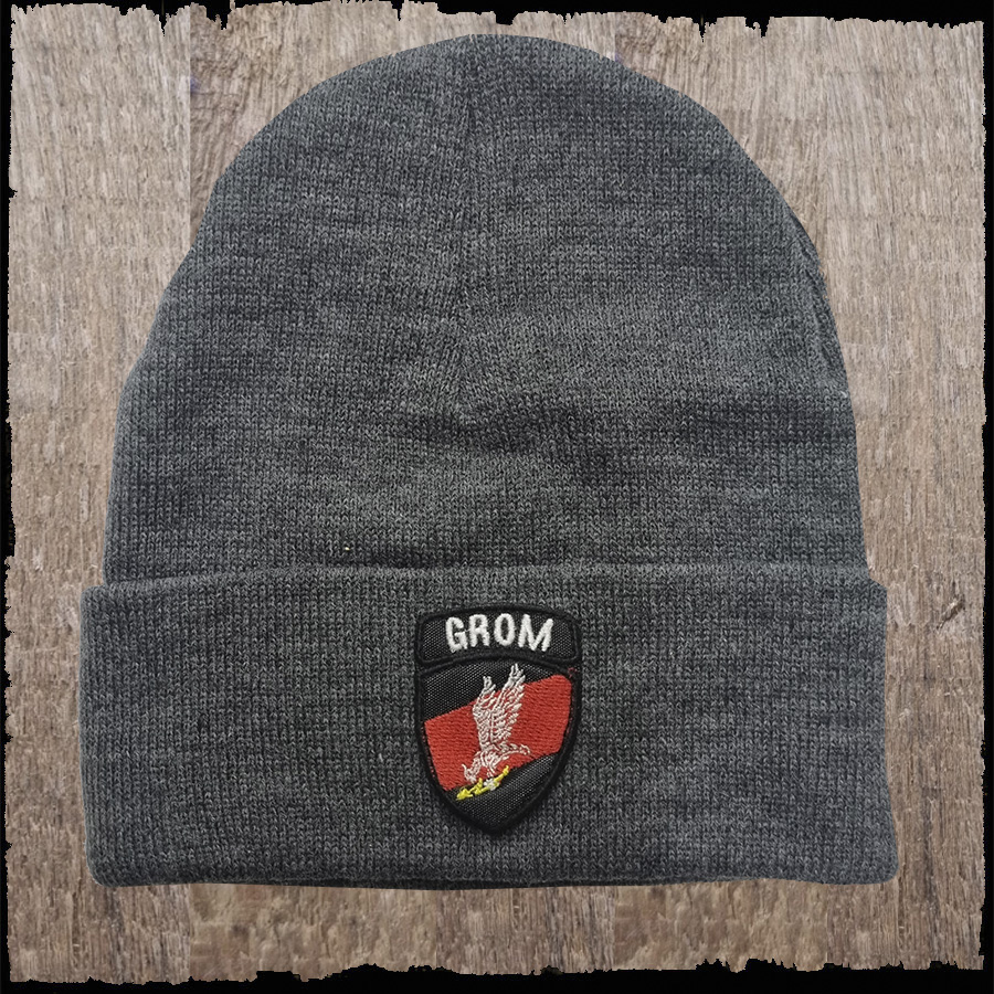 Czapka z haftem -GROM - kolor szary melanż.