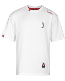 Koszulka patriotyczna, męska - minimalistyczny haft, skrzydło/szyszak, biała.