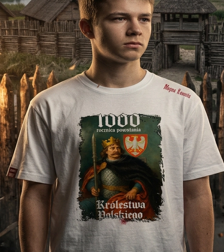 Koszulka patriotyczna, męska - 1000 lat Królestwa Polskiego, biała.